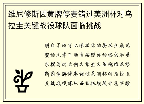 维尼修斯因黄牌停赛错过美洲杯对乌拉圭关键战役球队面临挑战